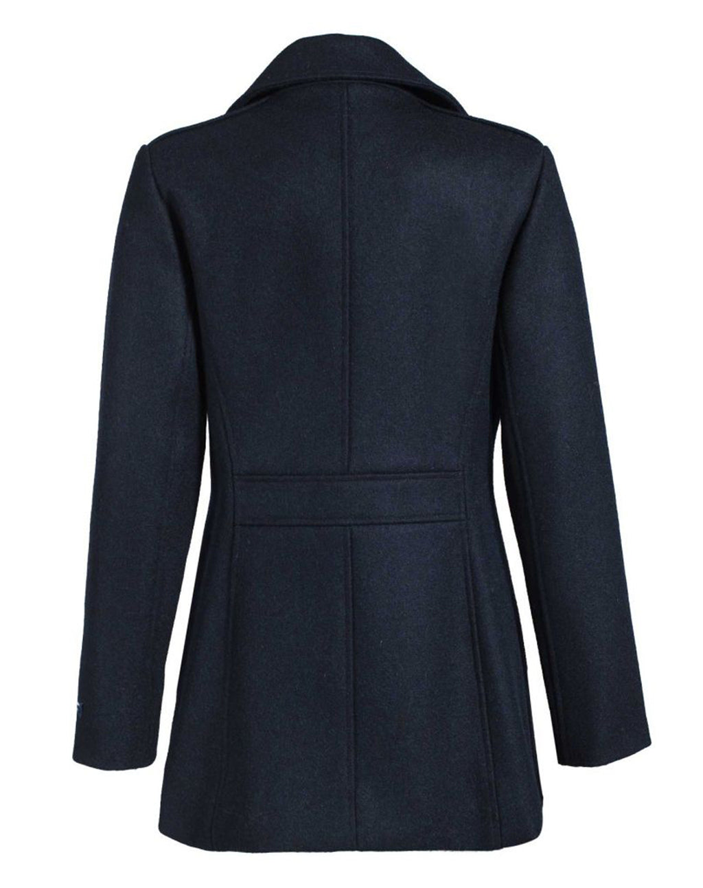 Achterkant van de getailleerde Detroit peacoat voor dames van Dalmard Marine met gouden messing knopen.