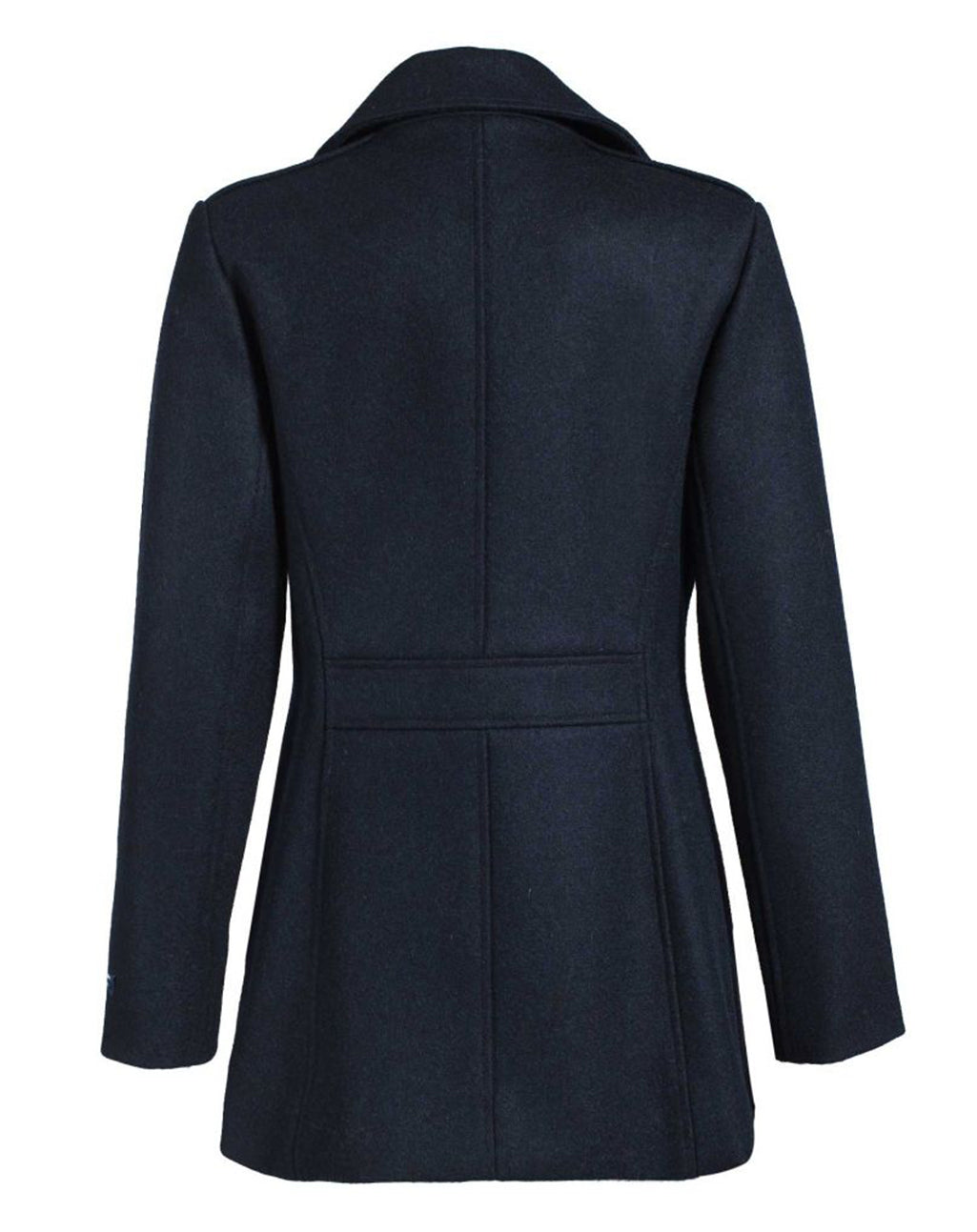 Achterkant van de getailleerde Detroit peacoat voor dames van Dalmard Marine met gouden messing knopen.