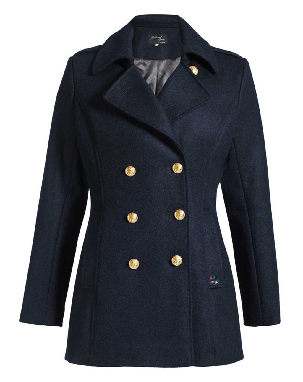Vooraanzicht van de getailleerde Detroit peacoat voor dames van Dalmard Marine met gouden messing knopen.